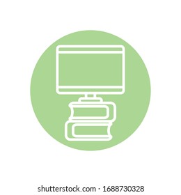 monitor computer on stack of books icon over white background, line block style, vector illustration