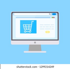Monitor of computer, opened homepage of shopping website. Web page with empty buttons and truck icon. Electronic gadget and purchase online vector