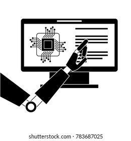 monitor computer with processor and robot hand