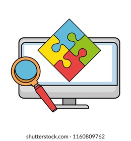 monitor computer with puzzle and magnifying glass