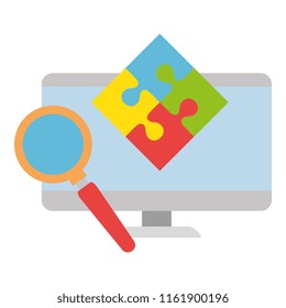 monitor computer with puzzle and magnifying glass