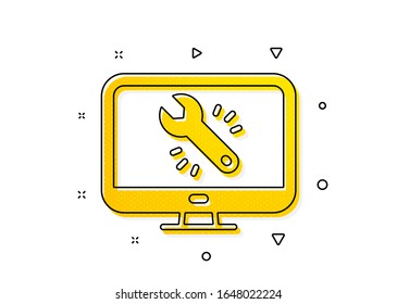 Monitor or computer repair service sign. Spanner tool icon. Fix instruments symbol. Yellow circles pattern. Classic monitor repair icon. Geometric elements. Vector