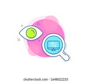 Monitor or computer repair service sign. Research complex icon. Spanner tool line icon. Fix instruments symbol. Analytics or analysis banner. Monitor repair sign. Vector