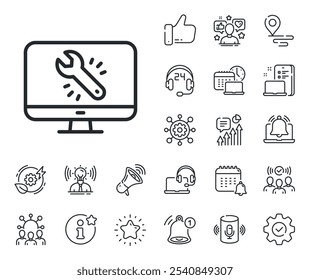 Signo del servicio de supervisión o reparación de equipos. Coloque los iconos de ubicación, tecnología y contorno de altavoz inteligente. Icono de línea de herramienta de llave inglesa. Corregir símbolo de instrumentos. Supervise el signo de la línea de reparación. Vector