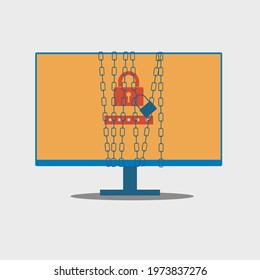 Monitor computer screen has a padlock and a password, along with a chain that wraps around the computer, and has a lock screen for secure access. Idea of adding security to information in computer.