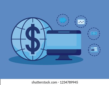 monitor computer with set icons economy finance