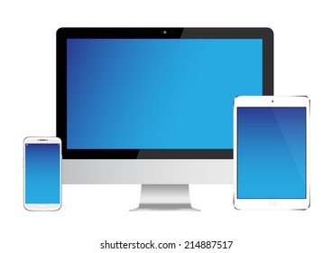 Monitor computer Tablet and Smart phone on white background