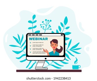 Monitor, computer, webinar, presentation, conference, communication, online lecture, training, teach, learn, receive information, seminar. Stock vector illustration, isolated on white background.