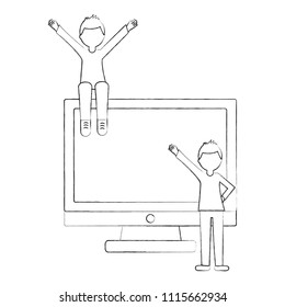 monitor computer with young men isolated icon