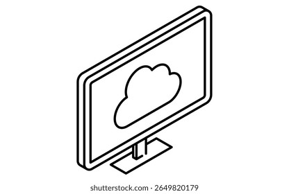 Monitor connected to cloud isometric line icon with cloud network symbol, black and white, Vector Illustration