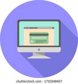 monitor con icono plano de tarjeta de crédito en fondo morado, símbolo vectorial 