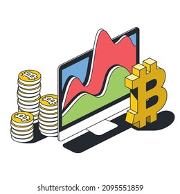 Monitorear gráficos de criptodivisa, símbolo de moneda de bitcoin. Vector 3d línea isométrica, iconos de color web, nuevo estilo plano. Ilustración creativa, idea de diseño para infografías.