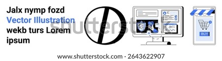 Monitor with cybersecurity icons, online shopping on a mobile device, and a half-filled circle element. Ideal for e-commerce websites, cybersecurity blogs, digital marketing campaigns, tech startup