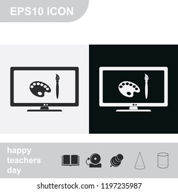 Monitor design flat black and white vector icon.