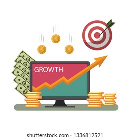Monitor with diagram hitting the target dollar bills and coins on white background vector illustraton