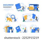 Monitor display with yellow folders, documents and media content. Office clerks or employees searching and indexing files. File manager, data storage
