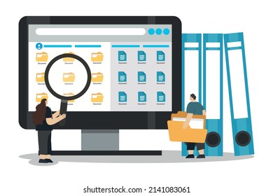 Monitor display with yellow folders, documents and media content. Office workers or employees searching and indexing files. File manager, data storage. Team work. File search. vector illustration.