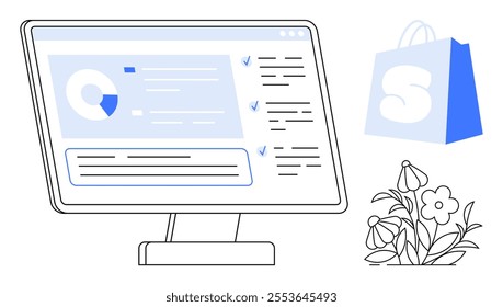 Monitor displaying analytics with a blue shopping bag and floral arrangement beside it. Ideal for online shopping, business analytics, technology, e-commerce, marketing concepts. Simplistic, modern