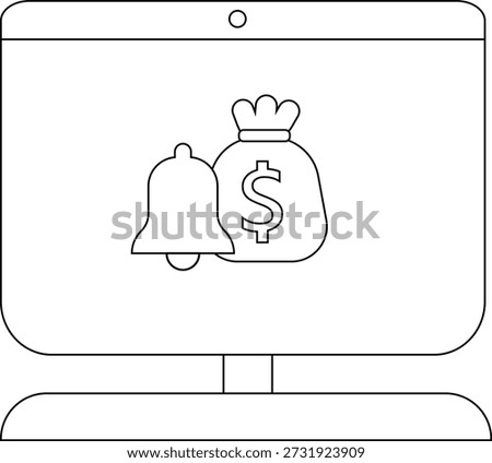 Monitor displaying a bell and a moneybag with a dollar sign