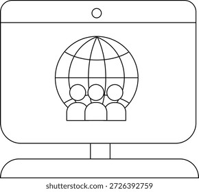 Monitor displaying globe over three figures rendered in outline style
