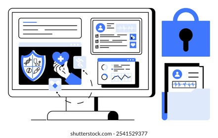 Monitor displaying medical records with health icons and data charts represents digital health systems. Lock icon and folder symbolize data security and privacy. Ideal for electronic health records
