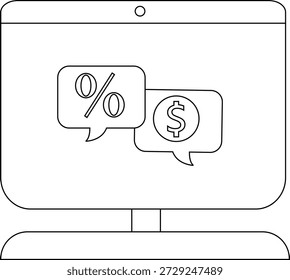 Monitor que muestra burbujas de discurso de signo de porcentaje y dólar