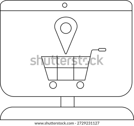 Monitor displaying a shopping cart with a location pin above it