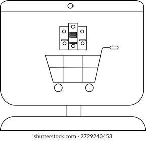 Un monitor que muestra un Carrito de compras y pilas de documentos que sugieren compras en línea