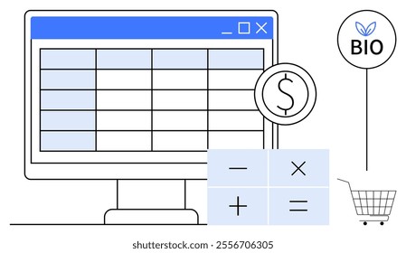 Monitor displaying a spreadsheet alongside a calculator grid. Coin icon symbolizes financial management. Sign with the word Bio and shopping cart represent online shopping for organic products. Ideal