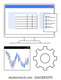 Monitor displaying a spreadsheet, checklist with checkmarks, chart analyzing data trends, and large gear symbolizing settings. Ideal for business analytics, data management, financial analysis