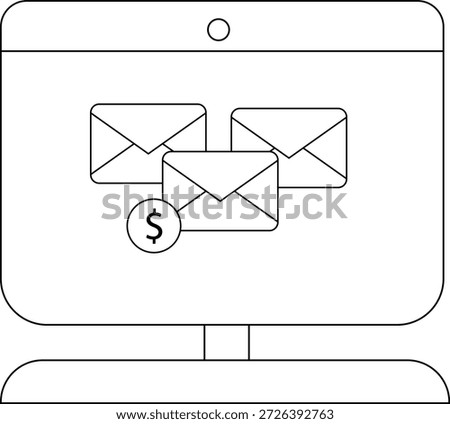Monitor displaying three enveloped icons and dollar sign