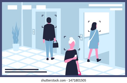 Monitor displaying video from surveillance or CCTV cameras installed in office building. Modern facial recognition or personal identification technology. Flat cartoon colorful vector illustration.