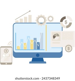 the monitor displays bar charts and company documents