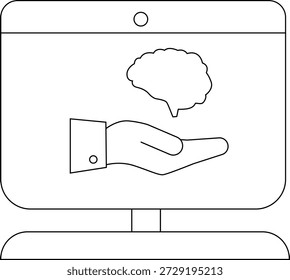 Ein Monitor zeigt ein Gehirn über einer offenen Hand. Der Monitor sitzt auf einem Ständer.