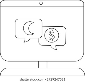 Un monitor muestra burbujas de chat con una luna creciente y un signo de dólar