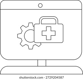 Um monitor exibe uma roda dentada e um ícone de kit de primeiros socorros sugerindo suporte técnico