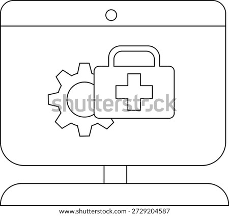 A monitor displays a cogwheel and first aid kit icon suggesting technical support