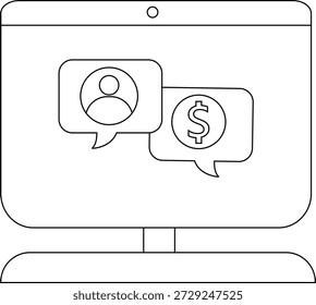 Un monitor muestra burbujas de comunicación de una persona y un signo de dólar