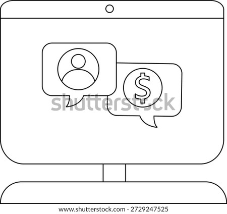 A monitor displays communication bubbles of a person and a dollar sign