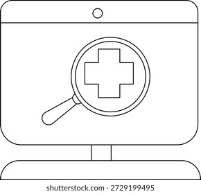 A monitor displays a cross inside a magnifying glass suggesting healthcare or research
