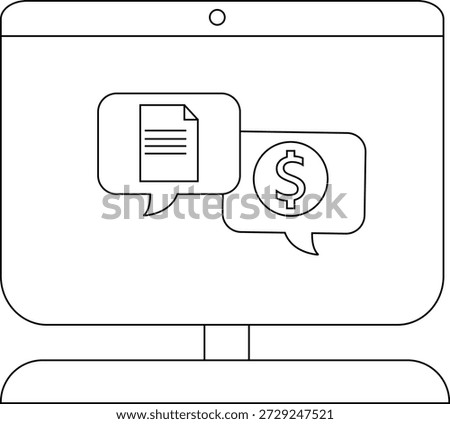 A monitor displays file and dollar icons inside of speech bubbles on its screen