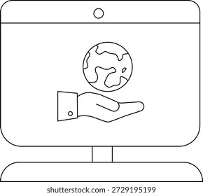 Ein Monitor zeigt eine Hand an, die einen Globus hält und auf eine digitale Welt hinweist.