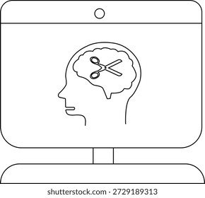 Un monitor muestra una cabeza con un cerebro que contiene tijeras