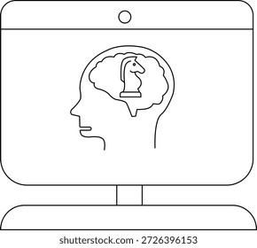 Monitor displays a head with a knight chess piece inside the brain