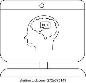 Monitor displays head outline brain with BUY button suggesting impulsive purchase concept