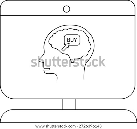 Monitor displays head outline brain with BUY button suggesting impulsive purchase concept