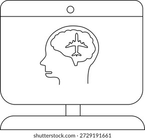 A monitor displays a head profile with an airplane inside the brain presented as an outline