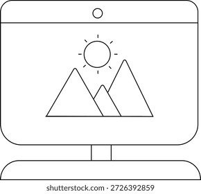 A monitor displays a landscape mountains and a sun beneath a top circle all in simple line art