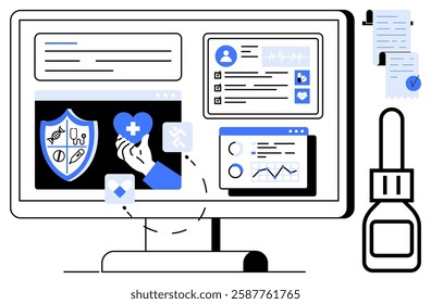 A monitor displays medical icons, graphs, and health records, emphasizing digital healthcare. Ideal for online health services, medical data tracking, telehealth solutions, electronic health records