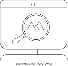 A monitor displays mountains through a magnifying glass with a circle at top